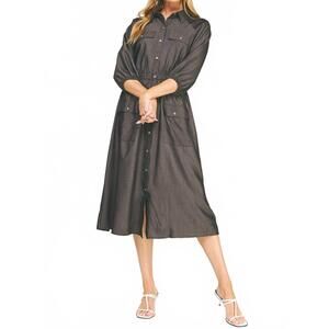 NEW LOVE BLOSSOM chloe chambray button down midi dress in black